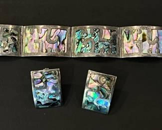  005 Sterling Silver Abalone Shell Bracelet Earrings 30.28g Total