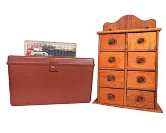 Small Antique Sewing Cabinet And Boxes Of Sewing Notions 