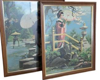 2 Vintage Paint By Number Geisha Garden Paintings