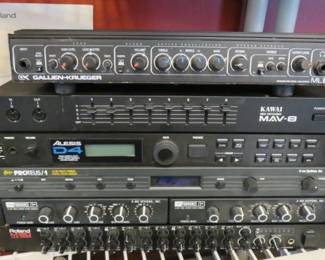 Gallien-Krueger Microamplifier Series Lead Effects MLE, Kawai MAV 8 MIDI Patchbay, Alesis D4 High Sample Rate 16-Bit Drum Module, E-MU Proteus/1 16 Bit Multi-Timbral Digital Sound Module, E-MU Systems Pro Formance 1+ 16 Bit True Stereo Piano Module, Roland M-120 Line Mixer