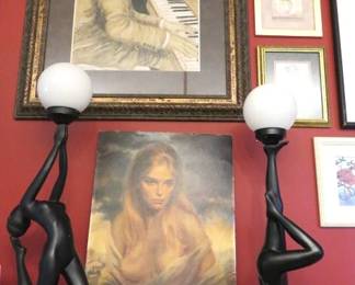 Portrait of "Girl of Valdarno" Print by Vinciata, Vintage 1970's Art Deco Style Nude Female Table Lamps with White Glass Ball Shades