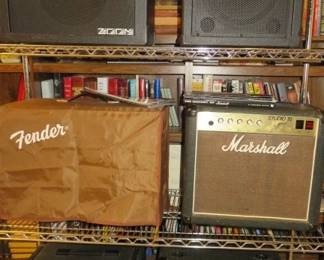 Collection of Guitar Amplifiers & Equipment: Zoom Fire-30 Modeling Guitar Amplifier, Vintage 1980s Marshall Studio 15 Combo Tube Guitar Amp, Fender Acoustasonic Junior PR 334 Acoustic Guitar Amplifier Made In USA , Marshall Guitar Amplifiers Artist 4203