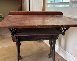 Old school desk 28”w 21”d 26.5”t wood and cast iron. $150.00