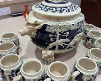 Vintage German Wick Wenke Hunting Punch Bowl/ Tureen & 12 cups $200.00
Tureen:15”w 10”d 14”t cup: 3.5” t 3.5” diameter