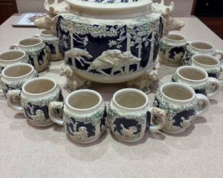 Vintage German Wick Wenke Hunting Punch Bowl/ Tureen & 12 cups $200.00
Tureen:15”w 10”d 14”t cup: 3.5” t 3.5” diameter