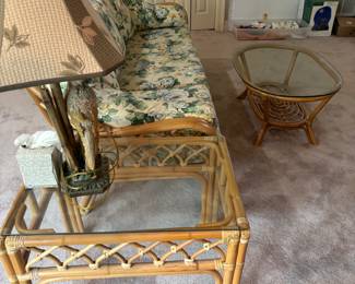 Bamboo and rattan set:
$900.00 6 piece set
Sofa: 78”w 32”d 32”t
(2) chairs: 34”w 32”d 32”t Otto: 25”x19”x 18”t
End Tbl: 20”w 28”d 22”t
Coffee: 36”w 26”d 16”t