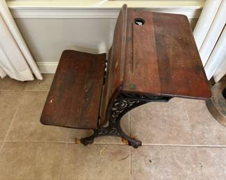 Old school desk 28”w 21”d 26.5”t wood and cast iron. $150.00