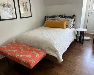 Queen size platform bed, cheetah bench