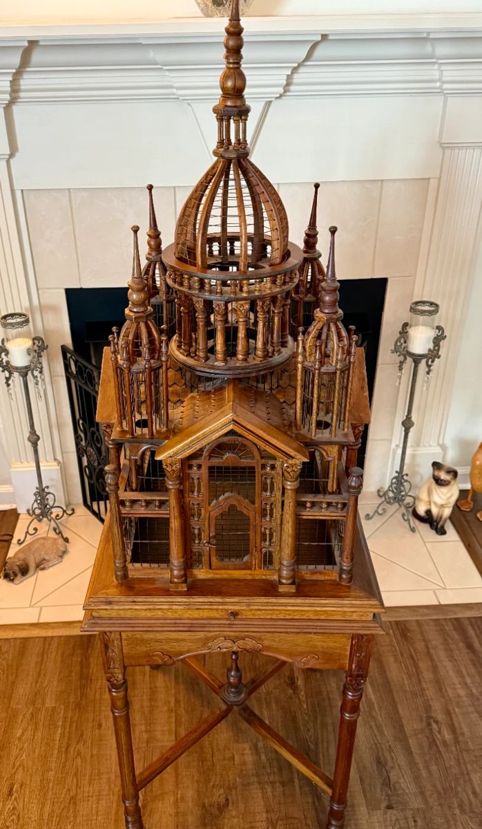 Maitland Smith Victorian mahogany bird cage on base with drawer