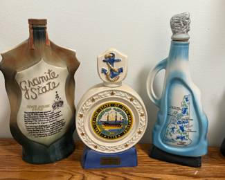 State of New Hampshire commemorative Jim Beam and Old Mr. Boston whiskey decanters