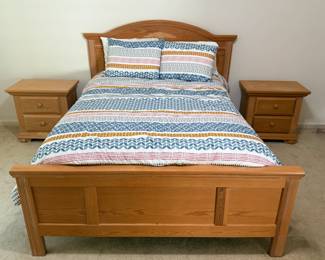 Farmhouse style pine bedroom suite with full size bed, 2 nightstands, dresser and entertainment cabinet