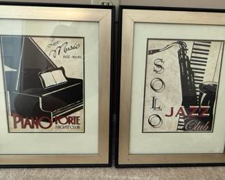 Art Deco style framed prints "Piano Forte Nightclub" and "Solo Jazz Club"