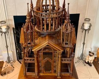 Maitland Smith Victorian mahogany bird cage on base with drawer