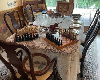 Dining room table, chess sets