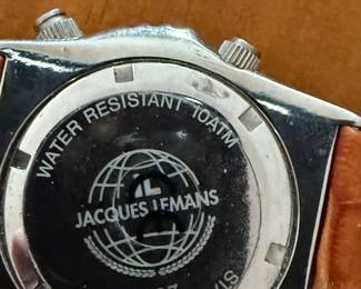 JACQUES LEMANS Collection Chronograph Alarm 100m, and much more plus Custom Leather Band with anti- allergen band is numbered and watch  appears to have never been worn # 837  Stainless Steel, Water Resistant 10 ATM All Leather Band (this Beauty is like new) 