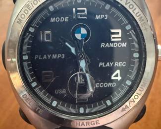 Classic BMW Watch with MP3, Random, Play Rec, Record, USB, Play MP3,Modej all on the Face of the Watch with: Power, Volume, +-,  Charge, Delete, Mode On/Off on Rim of Watch Crystal and MP3 Connector on Wrist Band