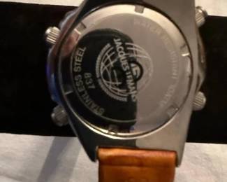 JACQUES LEMANS Collection Chronograph Alarm 100m, and much more plus Custom Leather Band with anti- allergen band is numbered and watch  appears to have never been worn # 837  Stainless Steel, Water Resistant 10 ATM All Leather Band (this Beauty is like new) 