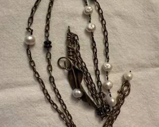 Brass Chain (21") and Handmade Closure. White Fresh Water Pearls, with Faceted Black Hematite Beads and Handmade Leaf Charm with Pearl Accent