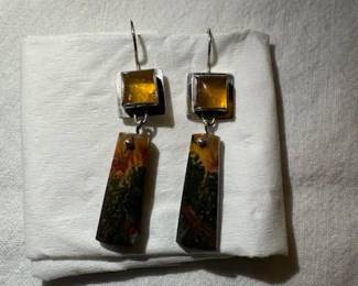 Jasper Earrings set in Sterling with horn and juniper ridge yellow opal accents