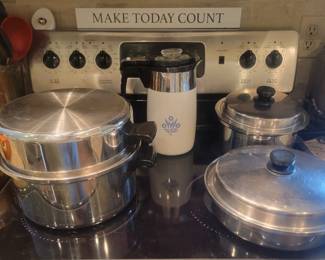 Vintage Corningware Blue Cornflower 9 Cup Stovetop Coffee Maker and Stainless Pots & Pans
