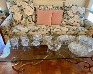 glass top, brass base table, nice small size sofa
