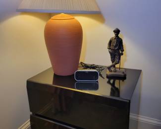 Black lacquer beside table. Ginger jar style lamp.