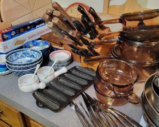 Corning vision cookware, Cut-Co knife set, cast iron cornbread pan