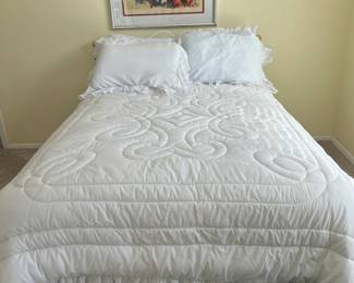 Pretty full size comforter shams, and bed skirt. Also, the mattress and box springs will be available.