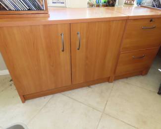 Five piece office set, corner desk, double cabinet with shelves, file cabinet, corner bookcase, curio bookcase with cabinet.