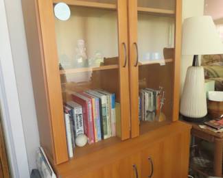 Five piece office set, corner desk, double cabinet with shelves, file cabinet, corner bookcase, curio bookcase with cabinet.