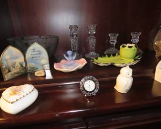 Shelves of porcelain, lead crystal, vintage stemware,