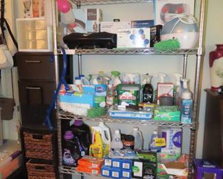 Storage baskets, drawers, metal wire shelves, cleaning supplies and equipment.
