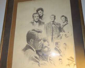 Vintage pencil sketch of Audrey Hepburn, Spencer Tracy.