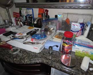 Personal hygiene items and makeup.