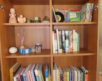 Five piece office set, corner desk, double cabinet with shelves, file cabinet, corner bookcase, curio bookcase with cabinet.
