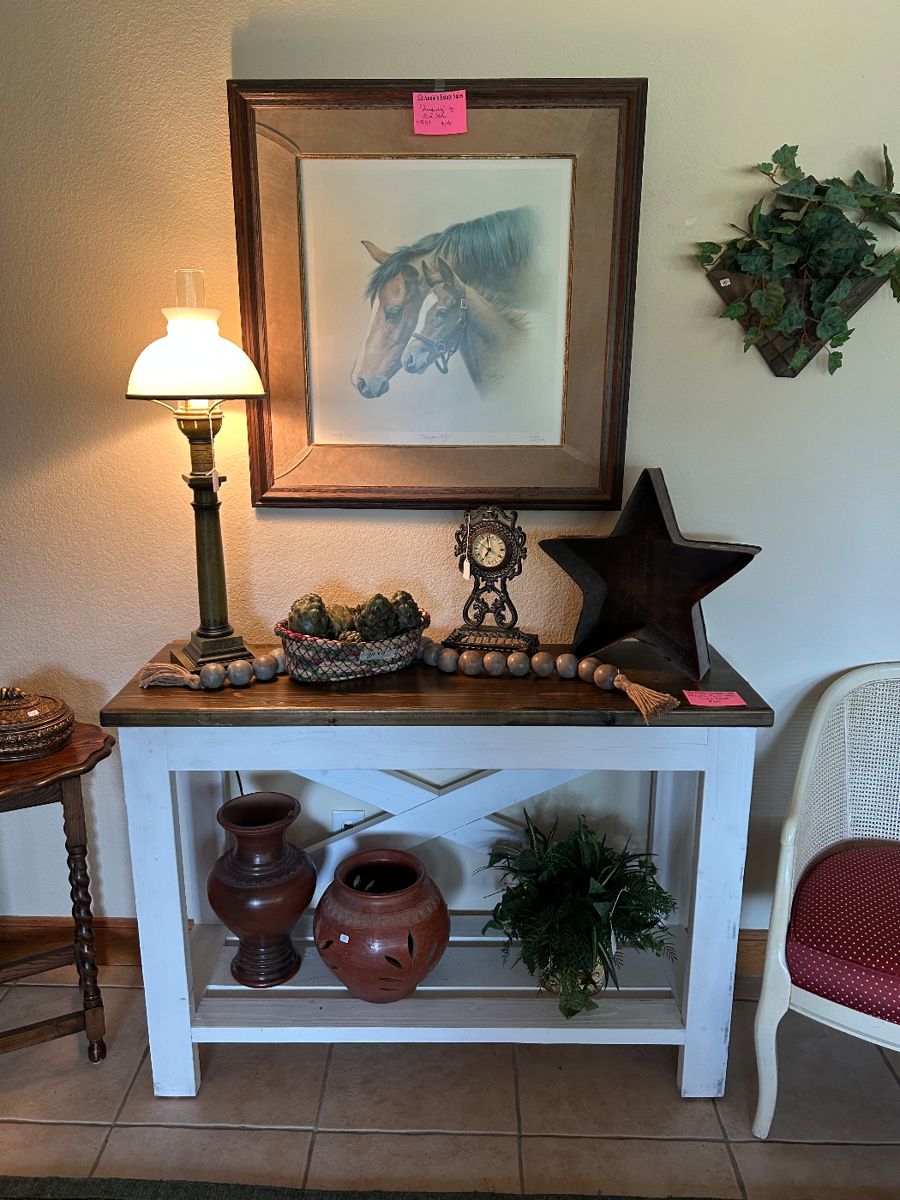 Signed and numbered lithograph farm table and decor