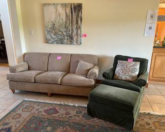 Ethan Allen sofa, crudhed velvet green chair with ottoman