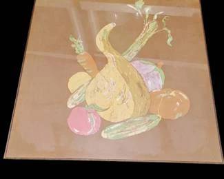 Framed painting that was actually still life Fruit and vegetables on silk