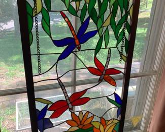 Large stained glass panel with dragonflies