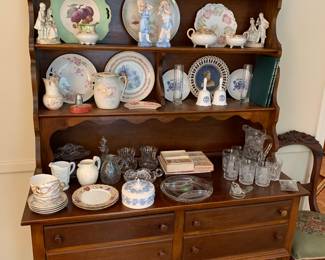 reakfront with an interesting assortment of items: crystal pitcher and glasses set, many demitasse cup and saucers, Ward-Belmont souvenirs