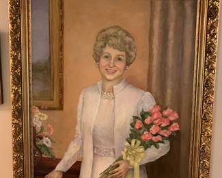 Large oil portrait in gilt frame of Florence Irwin, Nashville Concert pianist who attended Julliard and taught at Ward Belmont. Painted by Ann Harsh Linebaugh
