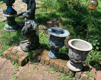 flower pots and stone rabbit -as is