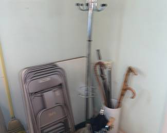 hall tree, folding tables and chairs