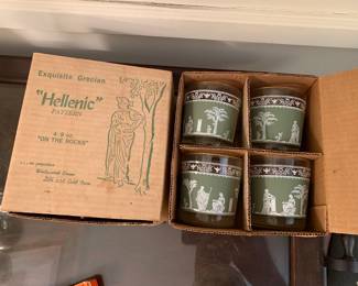 New In Box Mid Century barware in Hellenic pattern