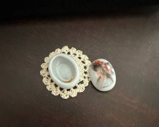 miniature porcelain egg shaped trinket box with lady portrait