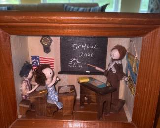 vintage school house diorama Teacher students 3D shadow box