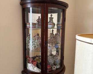 wood and glass curved wall hung curio cabinet