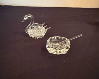 vintage glass swan & small glass dish with spoon