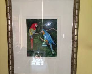 framed art print featuring two macaws
