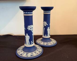 Blue Jasperware candlesticks
